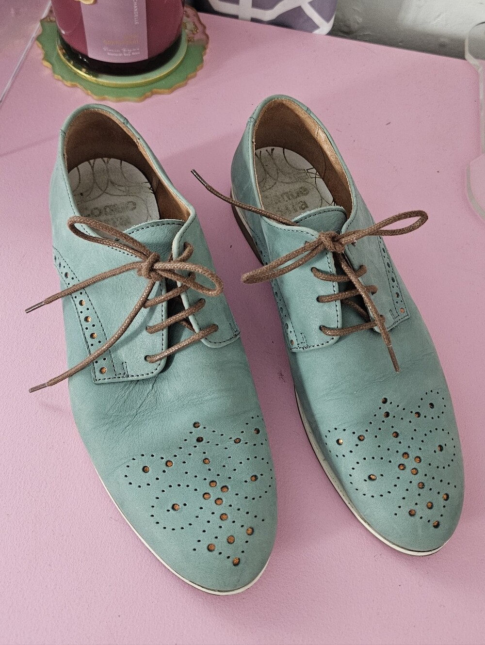 Anthropologie Coque Terra Teal Leather Wingtip Oxford Dress Shoes Size 6.5